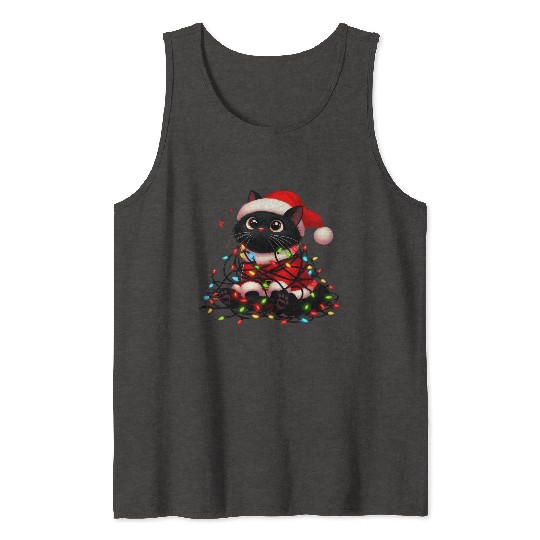 Christmas Kitty Tangled in Holiday Lights Tank Tops