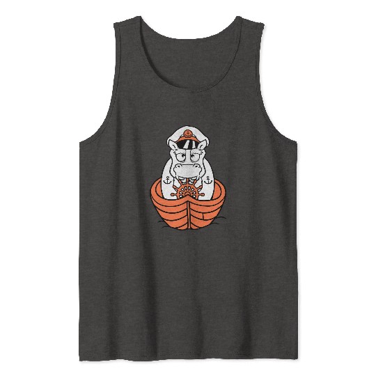 Funny Hippo Old Captain Sails Cute Cartoon Comic Tank Tops
