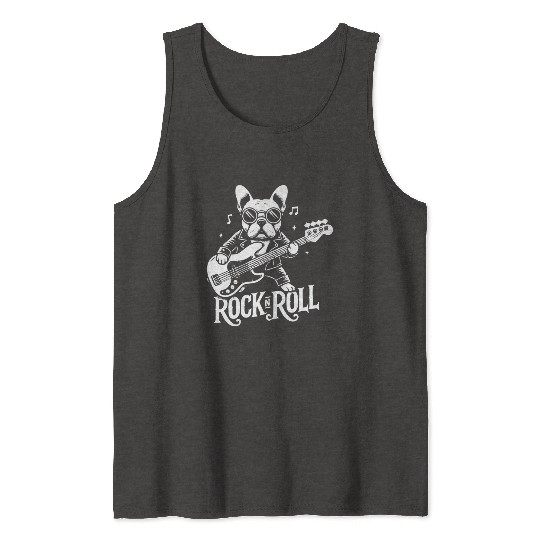 French Bulldog playing Rock'n Roll on Bass Guitar Tank Tops
