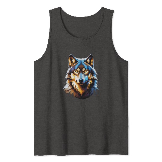 Isolated Lone Wolf Head Ink Design Tank Tops