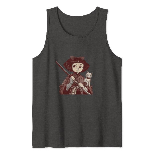 Chibi Samurai Warrior Cat Companion & Blossoms Tank Tops