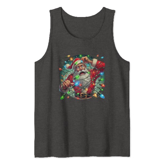 Funny Christmas Santa: Tangled in Lights Tank Tops