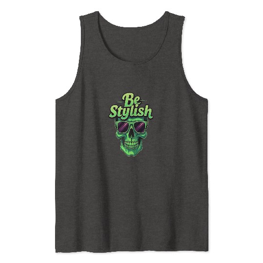 Be Stylish Vibrant Green Skull with Sunglasses Tank Tops