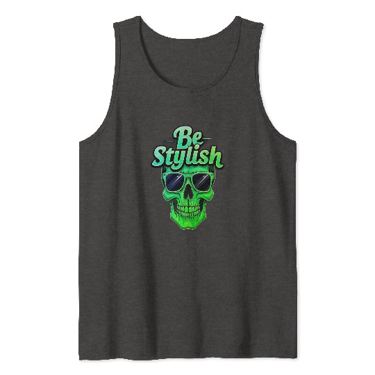 Be Stylish Vibrant Green Skull with Sunglasses Tank Tops