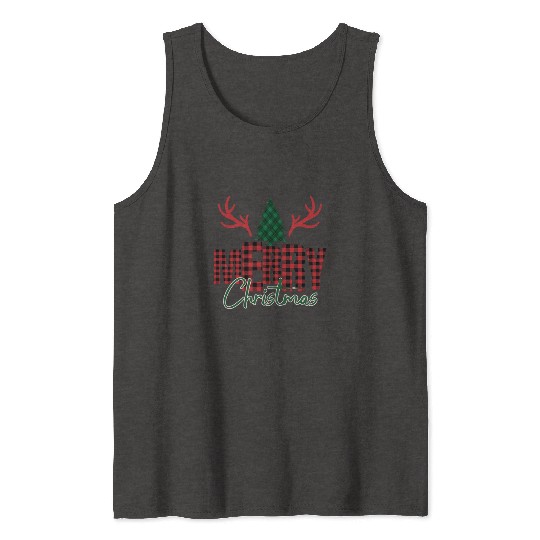 Merry Christmas Plaid Flannel - Tree Antlers Tank Tops