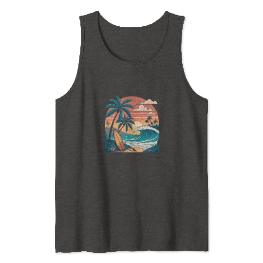 Tropical Paradise Sunset Surfing and Palm Trees Tank Tops