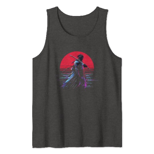 Cyberpunk Samurai Warrior Under Neon Moon Tank Tops