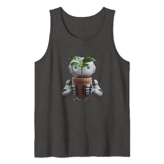 Robot Cradling Green Plant In Terracotta Pot Tank Tops