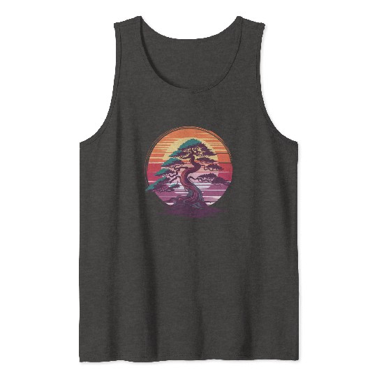 Bonsai Tree Sunset Zen Nature Relaxation Design Tank Tops