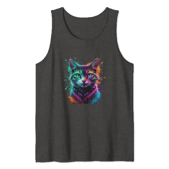 Neon Cosmic Cat – A Psychedelic Fusion of Color Tank Tops