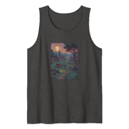 Haunted 16 Bit Village at Dusk Creepy pixelate Tank Tops