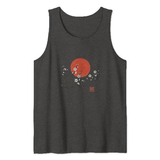 Cherry Blossom and Red Sun – Japanese Sumi-e Ink S Tank Tops