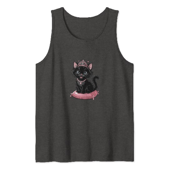 Royal Black Cat with Tiara and Jewels on Pink Tank Tops