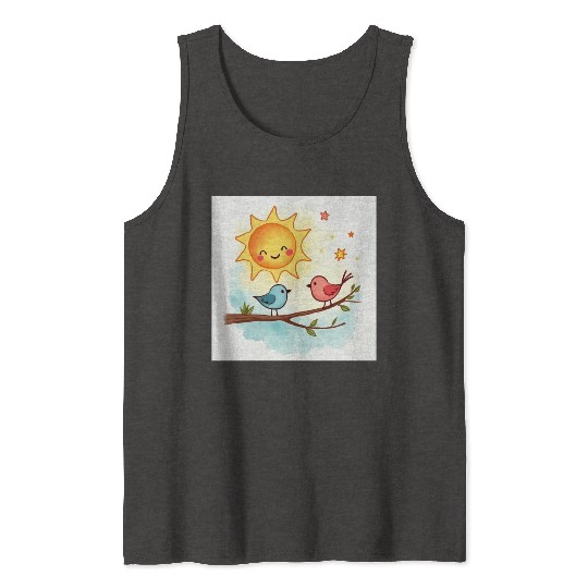 Cheerful Sun and Heart Illustration Tank Tops