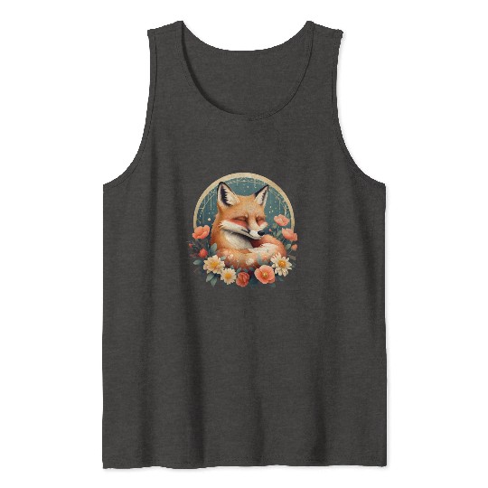 Sleepy Fox & Floral Dream Scene. Tank Tops