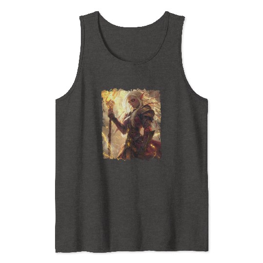 Fiery Elf Mage with Glowing Magical Staff Design Tank Tops