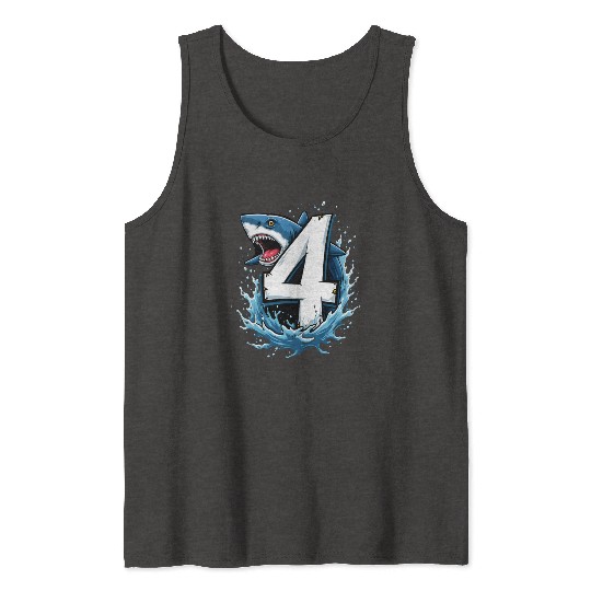 Shark Children Birthday with Number 4 Splash Tank Tops