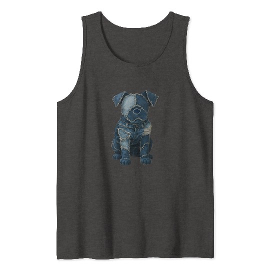 Cute Denim Patchwork Art Dog Tank Tops