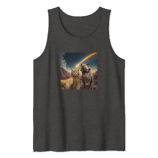 Cat and Dinosaur Meteor Selfie Meme Funny Tank Tops