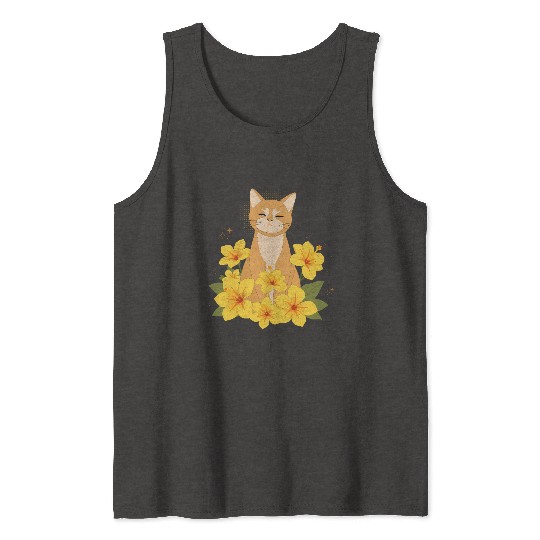 Orange Cat Surrounded by Yellow Hibiscus Flowers Tank Tops