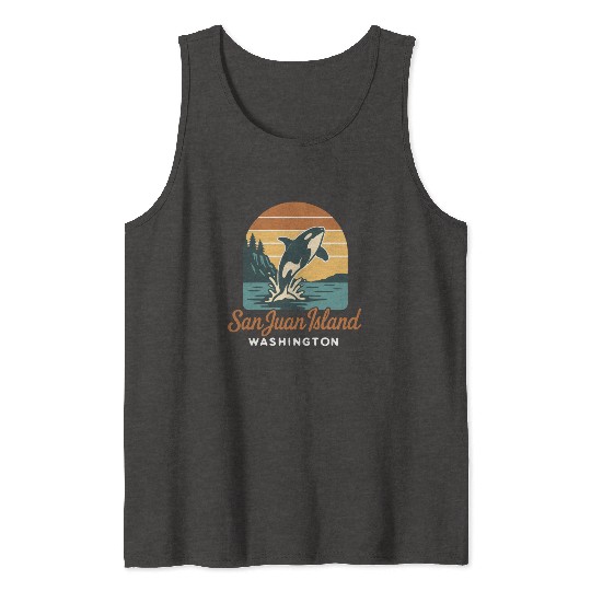 San Juan Island Washington Orca Whale Retro Sunset Tank Tops