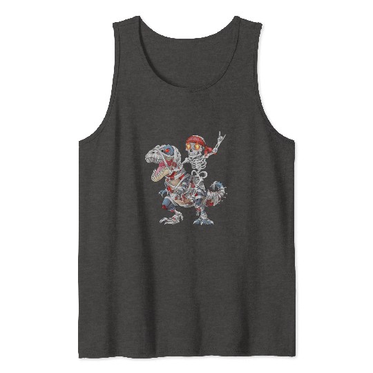 Rocker Skeleton Riding Mummy Dinosaur Halloween Tank Tops