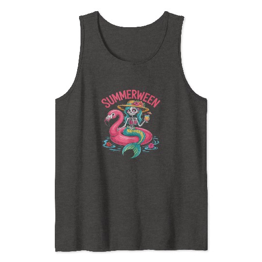 Skeleton Mermaid Flamingo Spooky Summer Party S Tank Tops