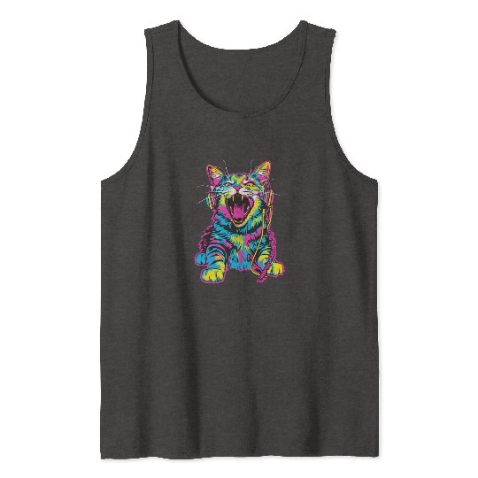Psychedelic Cat with Headphones in Vibrant Colors Tank Tops