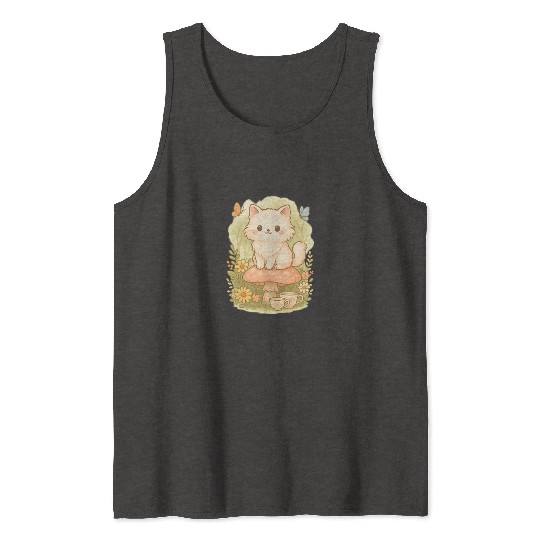 Kawaii Cottagecore Mushroom Cat Tank Tops
