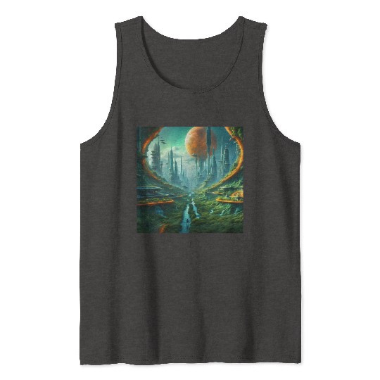 Futuristic Urban Landscape with Alien Sky Tank Tops