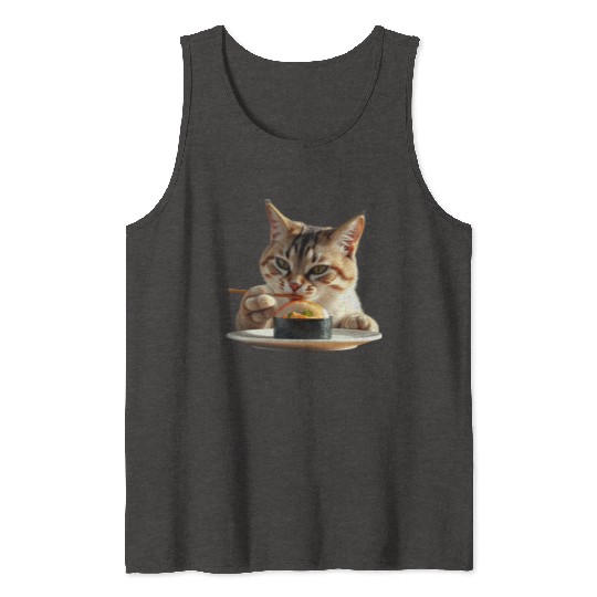 Whimsical Sushi Cat Illustration Tank Tops