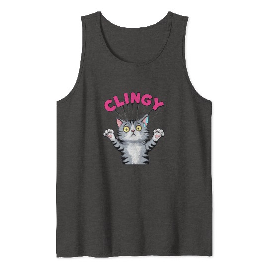 Humorous Clingy Cat Illustration Tank Tops