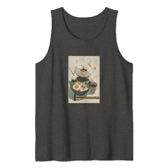 Happy White Cat Eating Ramen Tank Tops