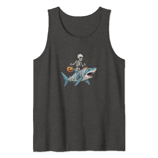 Skeleton Riding Shark Mummy Funny Halloween Tank Tops