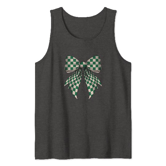 Coquette Bow Cream White Green Checkered Pattern Tank Tops