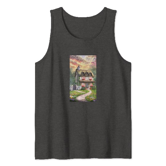 Fairy Tale Cottage in Sunrise Light Tank Tops