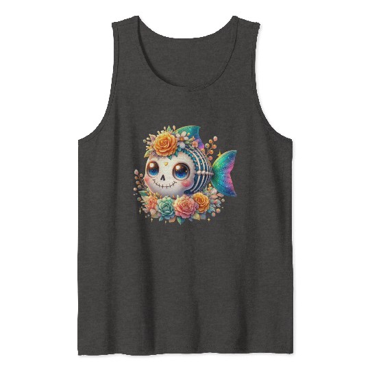 Whimsical Skeleton Fish with Floral Crown Tank Tops