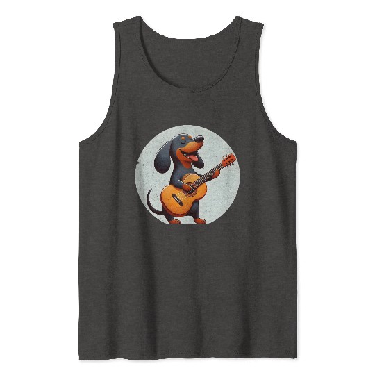Playful Dachshund Guitar Badge Tank Tops