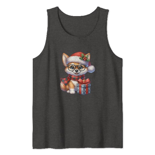 Festive Holiday Pug with Glasses and Gift Tank Tops
