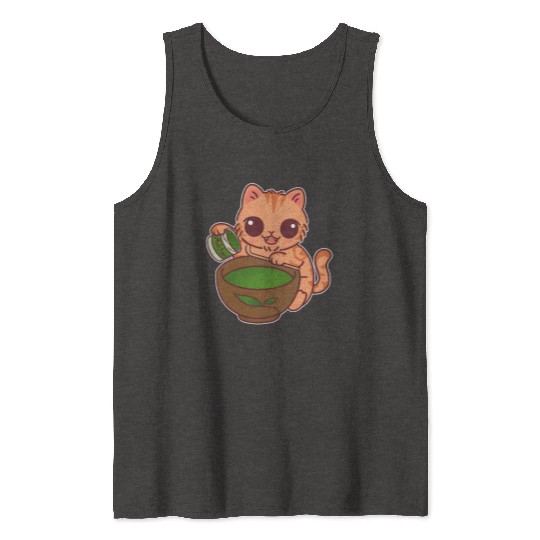 Kawaii Cat Barista Making Matcha Tea Tank Tops