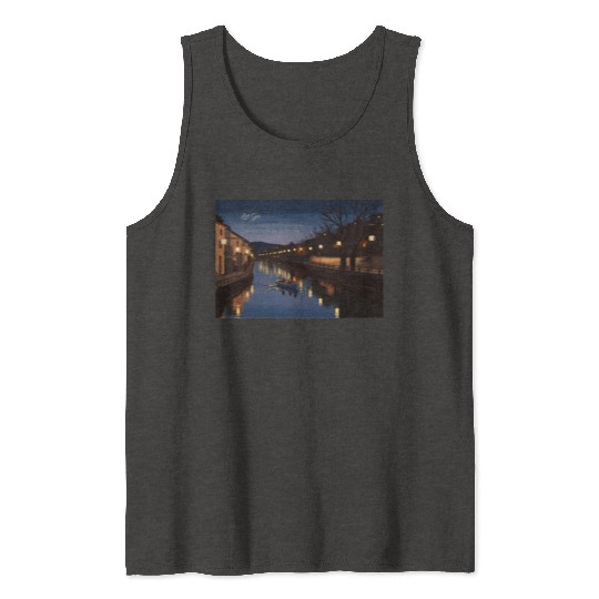 Serene Night Riverside Boat Scene Tank Tops