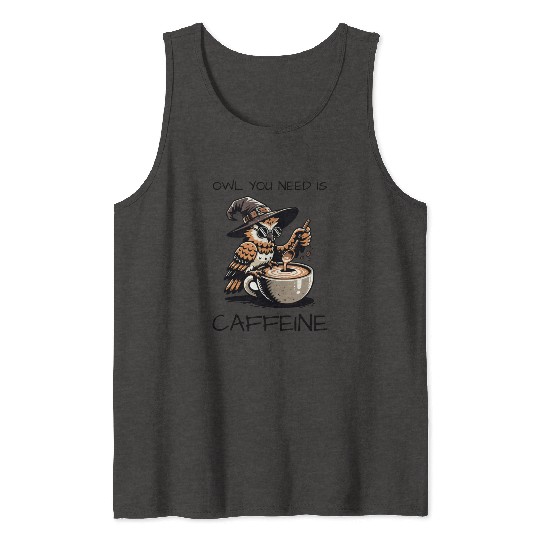 Whimsical Wizard Owl Coffee Design Tank Tops