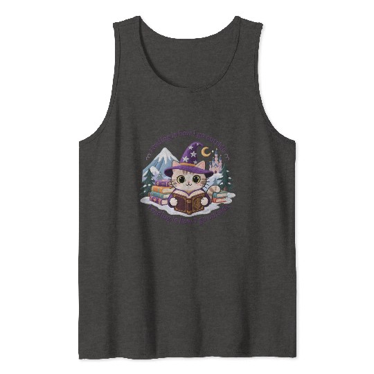 Whimsical Cat Wizard Reading Magic Book Tank Tops