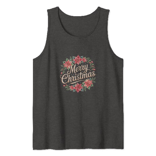 Elegant Poinsettia Wreath Merry Christmas Script Tank Tops