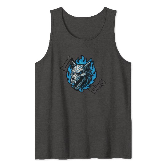 Fierce Wolf Skull with Blue Flames Tank Tops
