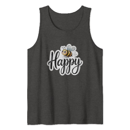 Whimsical Bee and Happy Text Artwork Tank Tops
