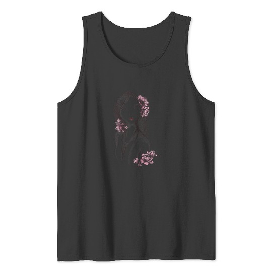 Disneyss Mulan Sketched Floral Hair Portrait Graphic Tank Tops