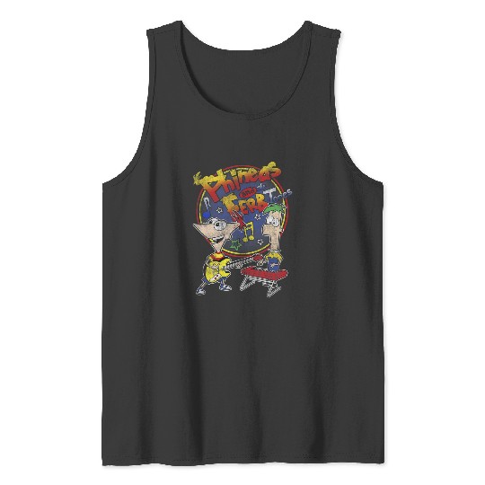 Disney Phineas And Ferb-Tones Distressed Band Logo Tank Tops