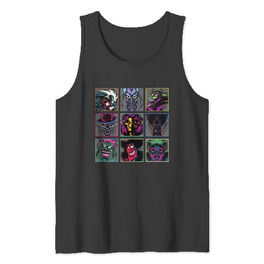 Disney Villains Colorful Neon Big Face Group Shot Panels Tank Tops