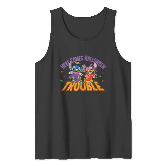 Disneyss Stitch Angel Here Comes Halloween Trouble Tank Tops